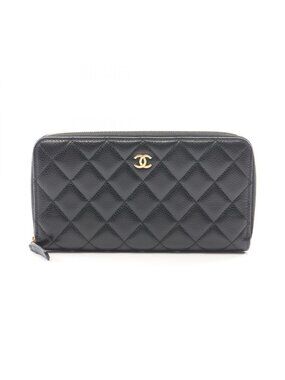 Chanel Round Wallet Classic Long Zip Quilted Black Caviar Leather